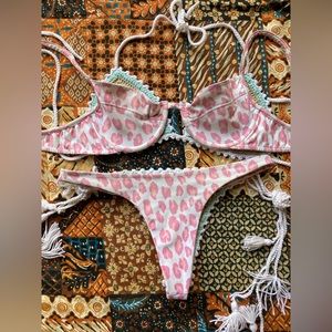 Bamba swim pink cheetah print thong bottom and bra style top with underwire